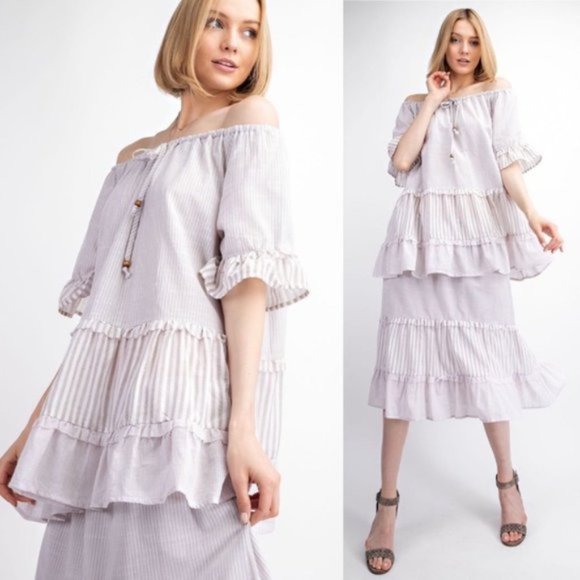 easel Tops - Easel | Joanna Off The Shoulder Ruffled Ticking Stripe Cotton Babydoll Tunic New